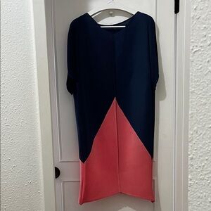 Chic Pleated  Dress in Navy and Coral